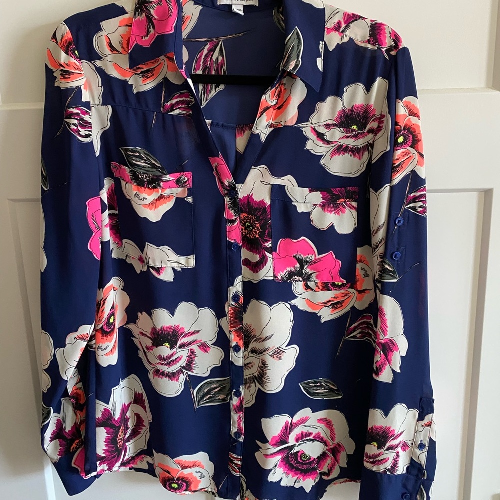 Floral Button-Up Blouse - Navy with Pink & Cream Flowers